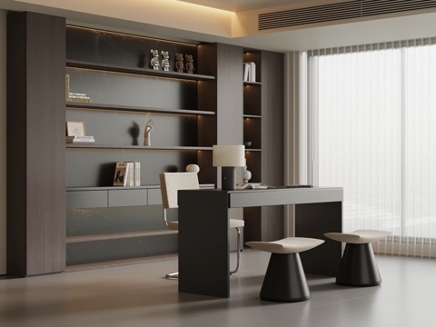 现代意式书房 书桌椅 置物柜 书柜su模型