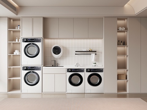 现代洗衣房 现代洗衣机柜 晾衣架su模型