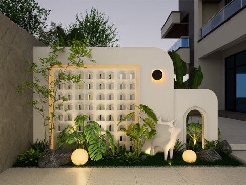 现代法式景墙 庭院入户景墙 别墅庭院 景墙照壁su模型