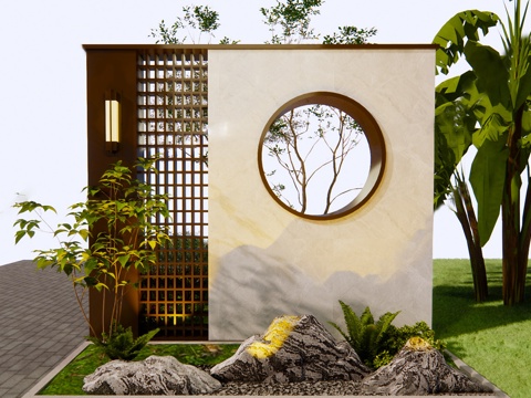 新中式现代景墙 景观墙 入户景墙 照壁 宋式美学 别墅庭院su模型