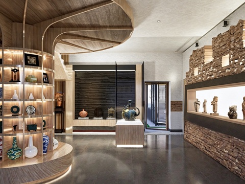 现代陶瓷文化展厅 博物馆 收藏馆 文物橱柜su模型