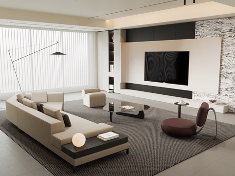 现代意式客厅 沙发茶几组合 电视背景墙su模型