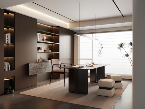 现代意式书房 书桌椅 书柜su模型