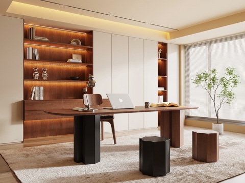 现代中古书房 书桌椅 书柜su模型