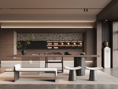 现代意式茶室 茶桌椅 茶室背景墙su模型