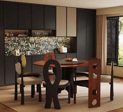 法式复古餐厅 餐桌椅 餐边柜su模型