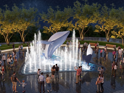 旱喷 雕塑  喷泉公园su模型