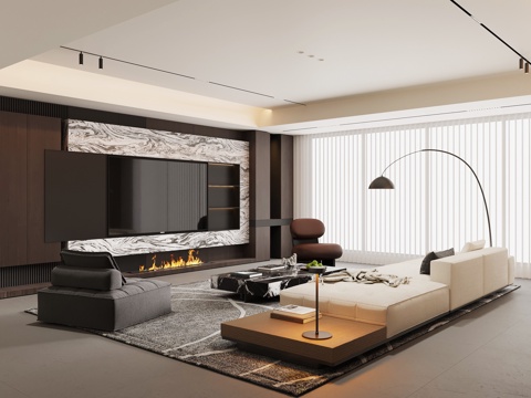 现代意式客厅 沙发茶几组合 电视背景墙su模型