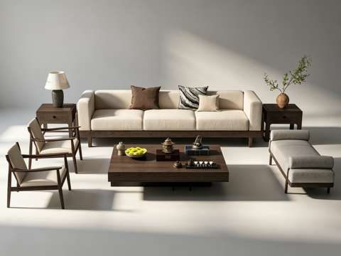 新中式客厅沙发组合su模型