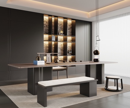 现代意式茶室 茶桌椅 茶柜su模型