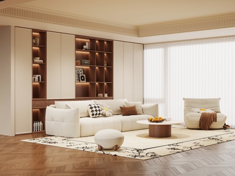 现代中古风客厅 沙发茶几组合 书柜su模型