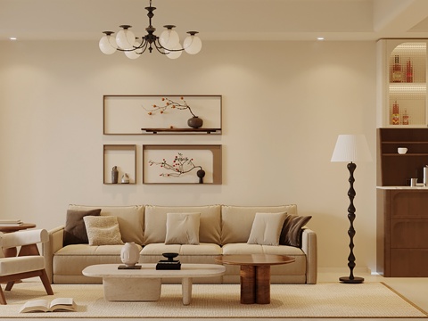 中古风客餐厅 小茶台 酒柜 沙发茶几组合 餐桌椅su模型