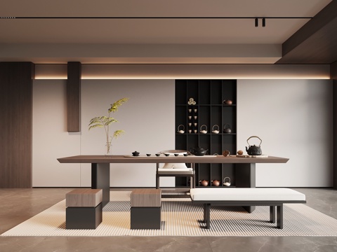 现代意式茶室 茶桌椅 茶室背景墙su模型