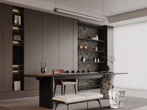 现代茶室 茶叶柜 茶桌椅 书房su模型