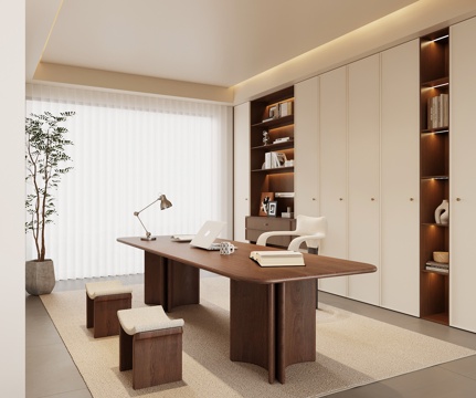 中古风书房 书桌椅 书柜su模型