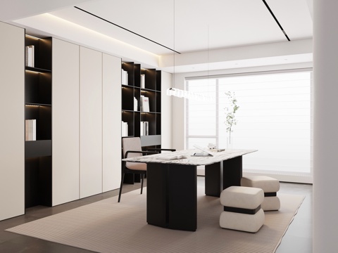 现代意式书房 书桌椅 书柜su模型