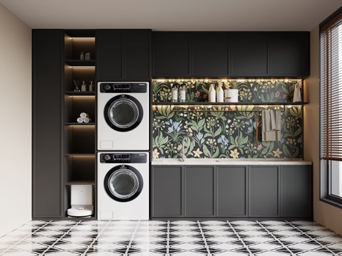 法式复古洗衣房 法式洗衣机柜 晾衣架su模型