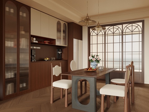 中古风餐厅 餐桌椅 酒柜su模型