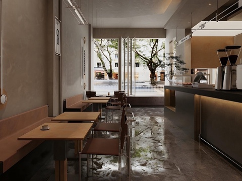 中古复古咖啡厅 奶茶店 咖啡吧台水吧台 咖啡桌椅组合su模型