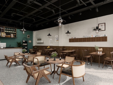 中古复古咖啡厅 奶茶店 咖啡吧台水吧台 咖啡桌椅组合su模型