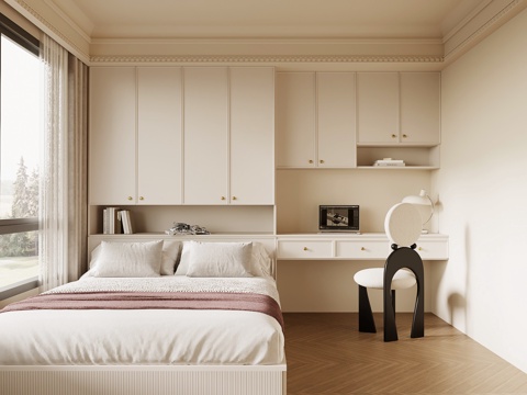 法式奶油风榻榻米卧室su模型