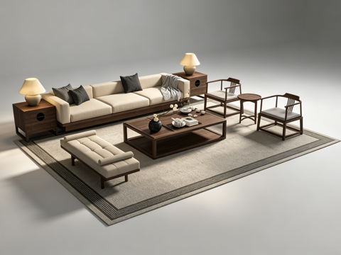 新中式客厅沙发组合su模型
