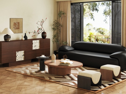 现代中古风客厅 沙发茶几组合 书柜su模型