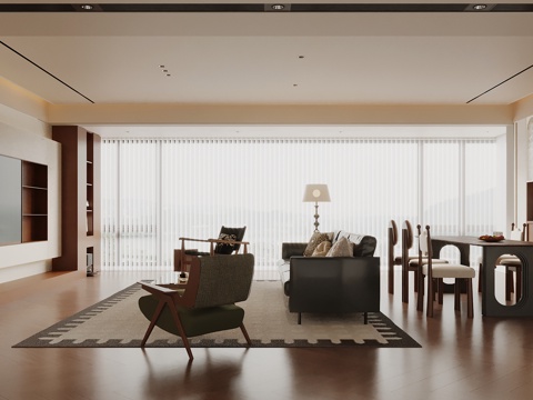 中古风客餐厅 餐桌椅 电视背景墙 酒柜su模型