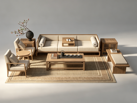 新中式客厅沙发组合su模型