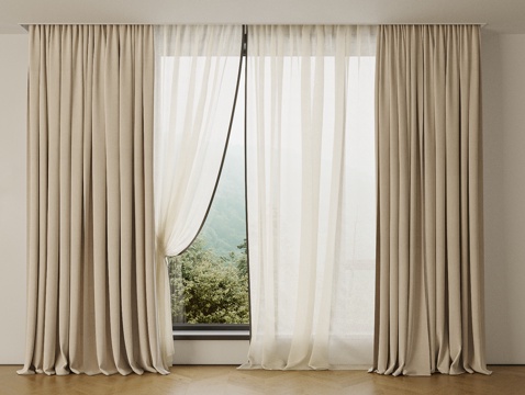 现代通用窗帘 纱帘 双层窗帘 米色窗帘 布艺窗帘su模型