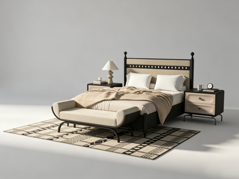 中古风双人床su模型