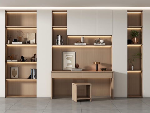 现代书房 书柜书桌组合 储物柜背景柜 装饰柜su模型