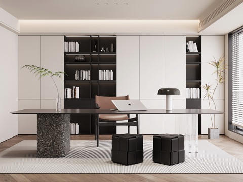 现代意式书房 书桌椅 书柜su模型