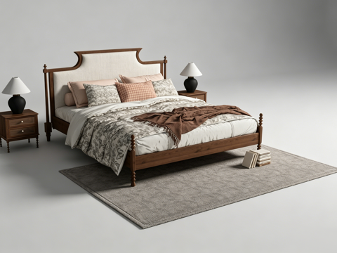 中古风双人床su模型