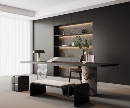 现代意式书房 书桌椅 书柜su模型