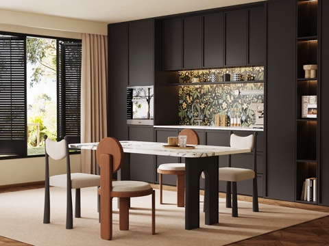 法式复古风餐厅 餐桌椅 餐边柜su模型