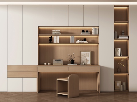 现代书房 书桌书柜组合 储物柜背景柜 装饰柜su模型
