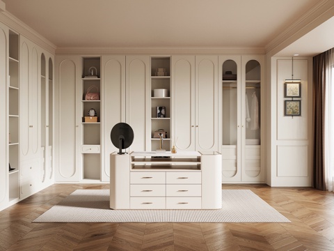 法式奶油风衣帽间 衣柜 中岛柜su模型