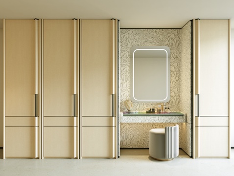 现代 轻奢极简风衣柜 梳妆台 妆台妆凳组合 梳妆台 轻奢衣柜su模型