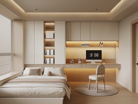 奶油风榻榻米卧室su模型