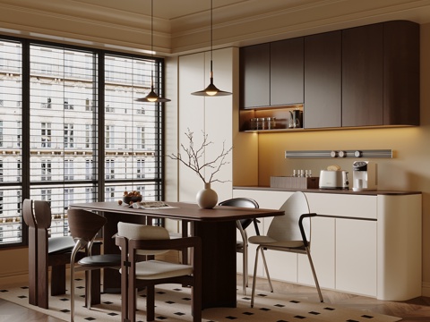 中古风餐厅 餐桌椅 酒柜su模型