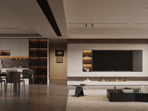 现代客餐厅 电视背景墙 酒柜 餐桌椅su模型