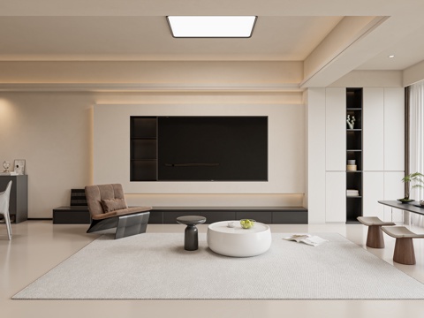  现代奶油风客餐厅3d模型 