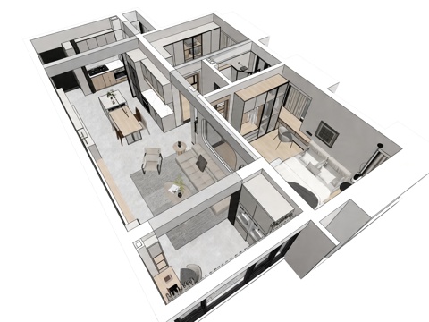 现代简约家装鸟瞰 现代简约家装 家装鸟瞰图 现代简约白su模型
