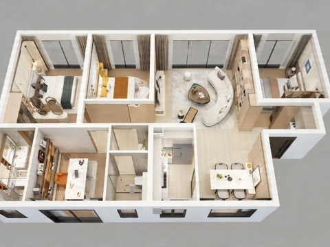现代家装鸟瞰 现代家装样板间 样板房鸟瞰 客餐厅卧室书房 厨su模型