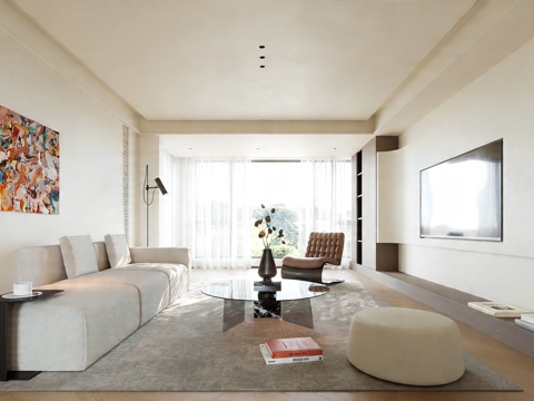 奶油风家居客厅 现代客厅 沙发组合 无主灯客厅su模型