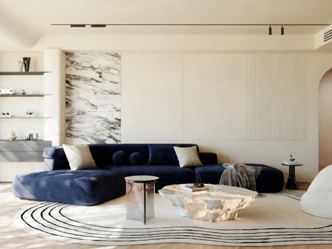 奶油风家居客厅_现代轻法式客厅 现代极简客厅 现代奶油风客厅su模型