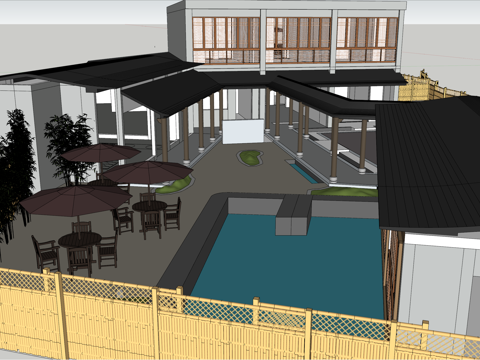 新中式民宿建筑，餐饮su模型