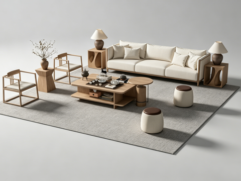 新中式客厅沙发组合su模型