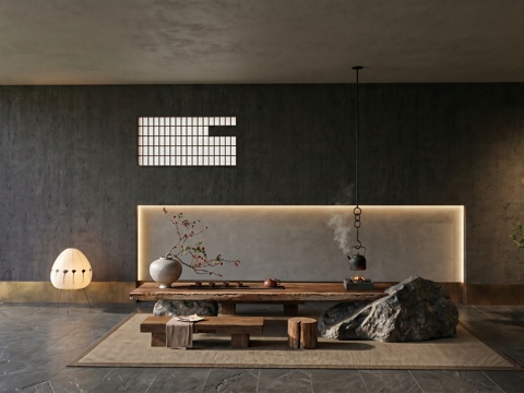 侘寂风茶室_茶台_茶桌椅_陶罐花艺_老板凳_木桩_茶具_毛石su模型